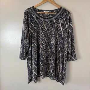 CJ Banks Crinkle Blouse Brown Blue Beaded Neckline Womens Top Sz 1X